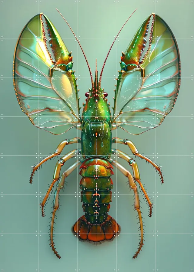 IXXI Green Butterfly Lobster, OTTI - 100 x 140 cm - Grote wanddecoratie en posters - Digitale Kunst, Eetkamer, Woonkamer, Fantasie Groen