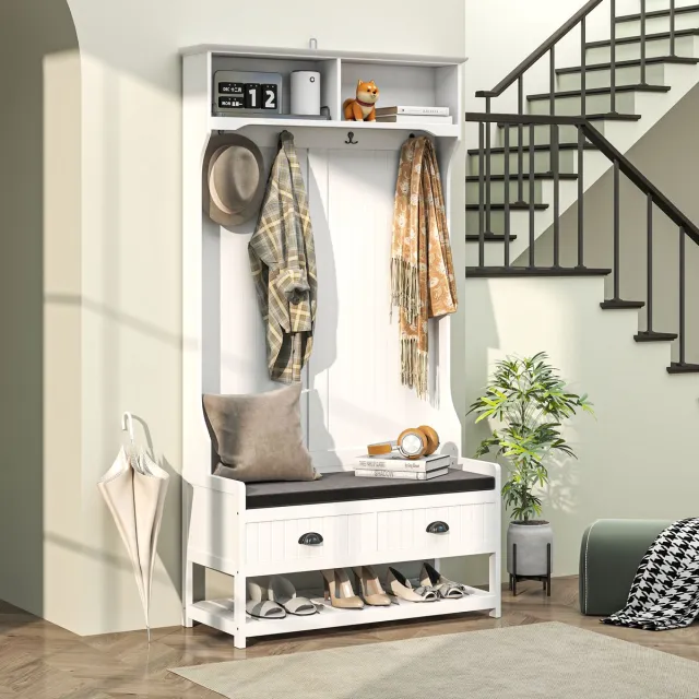 MODENUIT Kledingrek Met Schoenenbank – 89 x 42 x 172 cm – MDF – Wit – 4 Haken en Lades – Anti-Kantelvoorziening