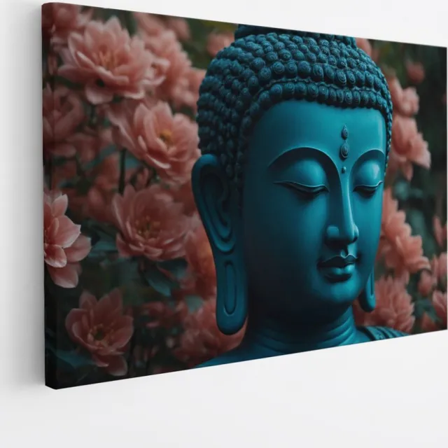 Saammp Canvas Schilderij - Boeddha in bloementuin - 60x40 - Foto op canvas - Wanddecoratie - Muurdecoratie Woonkamer - Canvas schilderijen Multicolor