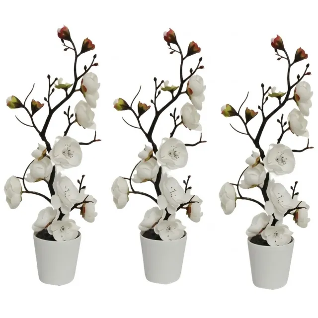 NUVEX Witte kunstbloemen in pot 3 stuks – kunstplanten met bloesem en donkere takken – decoratieve nep bloemen voor woonkamer slaapkamer kantoor tafel bruiloft feest en woondecoratie