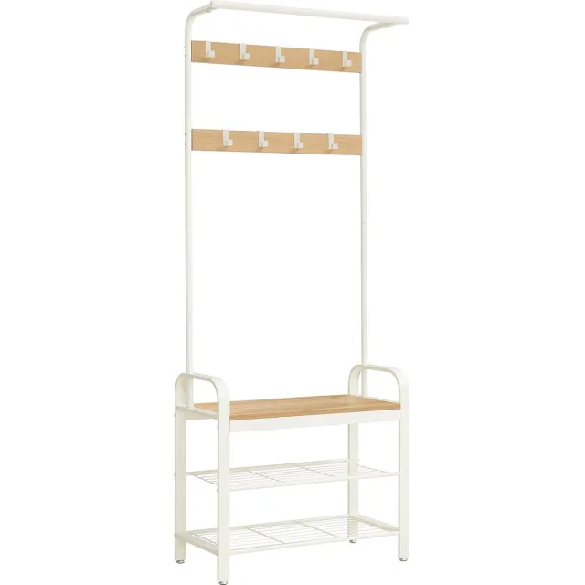 FurnStar Kapstok - Kapstok met Schoenenopbergbank - 4 in 1 Design - met 9 Afneembare Haken - Een Kledingroede - Voor Hal - Entree - 33,7 x 72 x 183 cm - Industrieel - Eiken + Crème/Wit