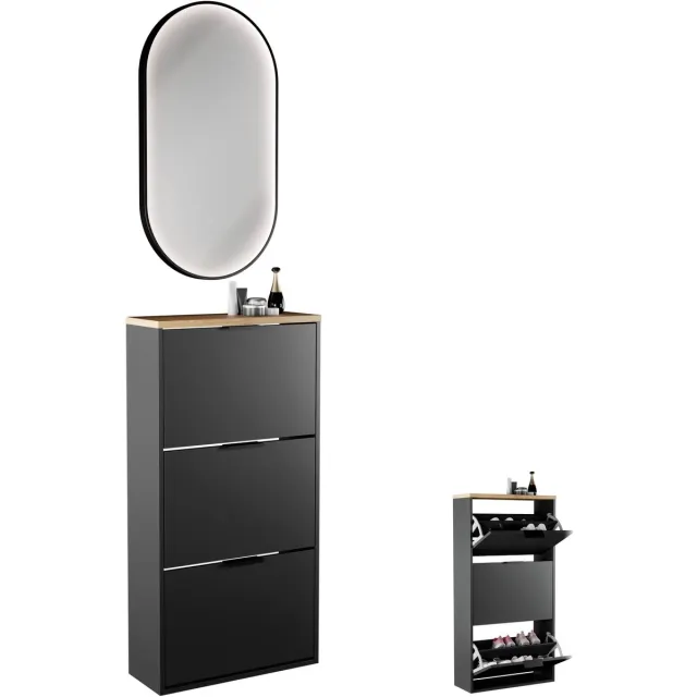 Planetmöbel STIVIO Schoenenkast 60 cm 3 Kleppen Zwart LED Spiegel