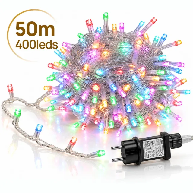 LAPAMAX LED Lichtsnoer - Kerstverlichting 50 m 400 LEDs Meerkleurig - Zonder Tail Plug - 31 V Laagspanning met Timer, Geheugen en 8 Lichtstanden - Kerstboomverlichting met Adapter en 3 m Aanloopsnoer