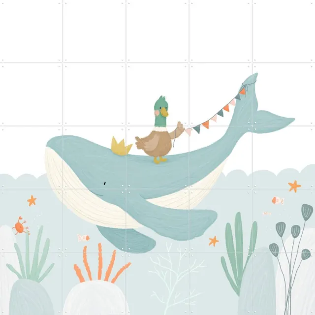IXXI Walrus And Duck, Studio Phie - 100 x 100 cm - Grote wanddecoratie en posters - Illustraties, Speels, Cartoonesk, Fantasierijk, Babykamer Blauw