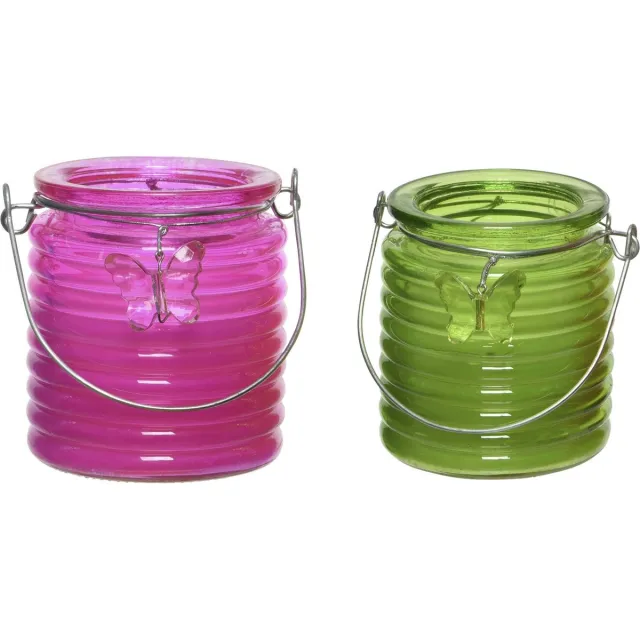 Decoris Citronella kaars - 2x - in windlicht - roze en groen - 20 branduren - citrusgeur Multi