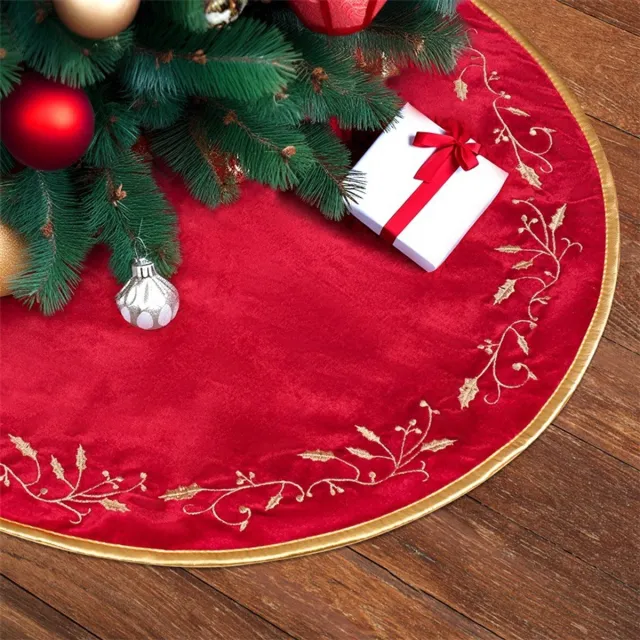 SNQ 1 Kerstboomkleed – Kerstboomrok 120 cm – Pluche Bont – Met Goud Geborduurd Hulstblad – Voor Rustieke Kerstboom en Feestdecoratie – Rood –48in