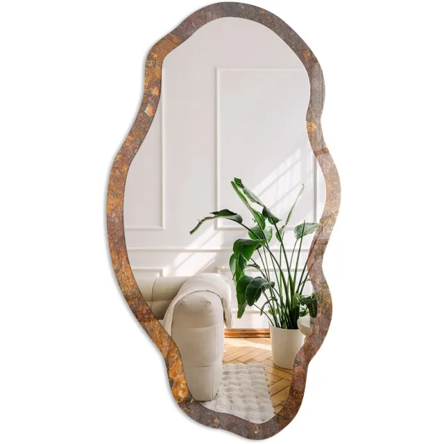 Coloray Roestige Textuur Spiegel - Oranje Stijlvolle Wandspiegel - Organische Spiegel - Woonkamer, Kantoor - Industrieel / Loft - 45x90 cm - Totale afmeting 52x97 cm Roestige Textuur, Oranje