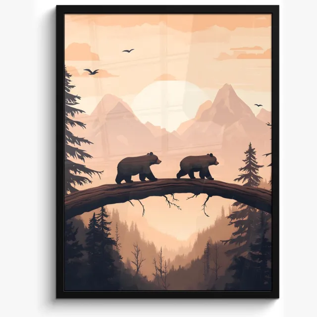 FrameYourWall Poster in lijst - Fotolijst 50x70 cm - Posters - Beren - Bomen - Landschap - Zonsondergang - Posterlijst zwart - Decoratie - Wanddecoratie woonkamer - Muurdecoratie slaapkamer Beren - Landschap