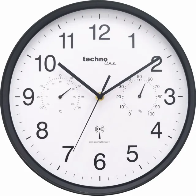 Technoline WT 8945 - Wandklok - Analoog - Rond - Kunststof Raam - Radiogestuurde tijdsaanduiding - Binnentemperatuur - Binnenvochtigheid - Zwart