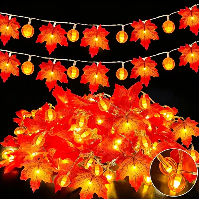 Rosnek 4 Stuks Herfst Lichtsnoer met Esdoornbladeren en Pompoenen - Warm Witte LED Decoratie - Batterijgevoed - 40 LED - Halloween en Thanksgiving