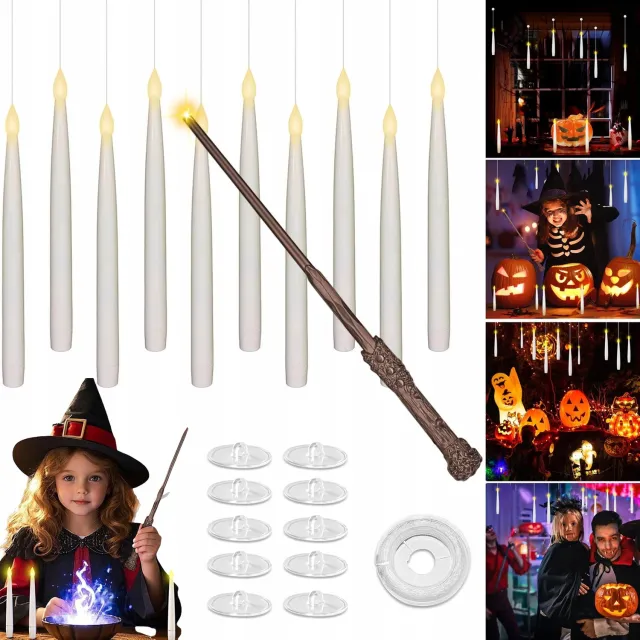 JIMUYU 10 Zwevende LED Kaarsen Met Toverstaf – Flikkerende Vlamloze Kaarsen Met Afstandsbediening En Timerfunctie – Magische Halloween Versiering En Kerstdecoratie – Inclusief 50 m Vislijn En Haken Wit