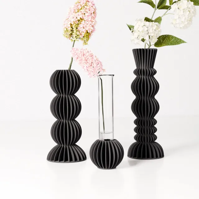 Fleuriek Kleine vazen set van 3 voor bloemen of droogbloemen - Zwart - Japandi stekvaasjes met glazen buisjes