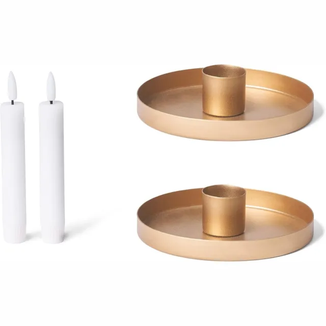 Novaliv 2x kaarsenhouders, rond metaal, diameter 6 cm, goud met LED-kaars, vlamloze tafelkaars, kaarsenhouder, kaarsenstoker, adventskrans, scandic chic, kaarsenbord, decoratieve schaal wit