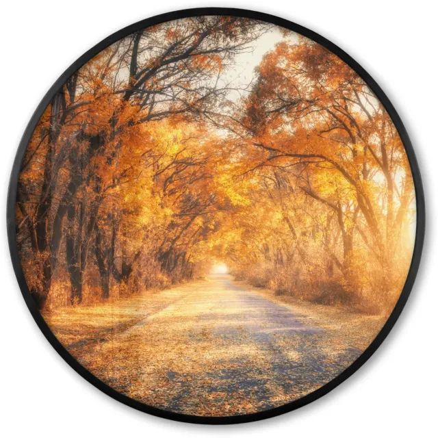 FrameYourWall Poster in lijst Rond - Fotolijst 60x60 cm - Posters - Bos - Herfst - Bomen - Bospad - Natuur - Ronde posterlijst zwart - Decoratie - Wanddecoratie woonkamer - Muurdecoratie slaapkamer Oranje