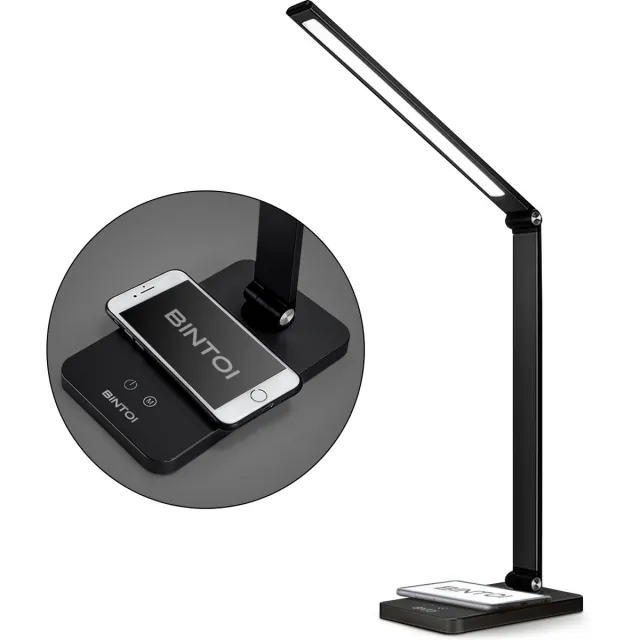 BINTOI Office Bintoi DL200 - Bureaulamp LED Dimbaar - Leeslamp - Bedlamp - Touch Control - Wit en Warm Licht - Draadloos Mobiel Opladen - Zwart