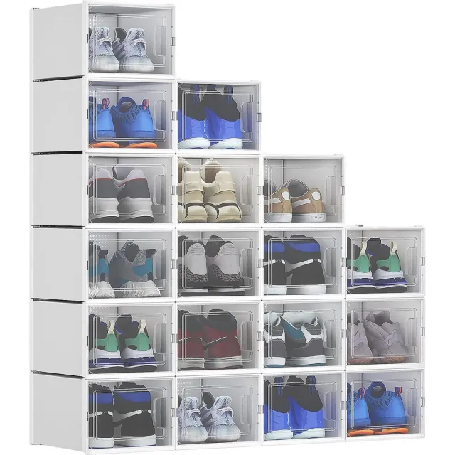Relaxdays Schoenendozen, 18-delige set, mooi stapelbaar, stabiel, opbergdozen voor mooi met transparante deur en ventilatiegaten, voor mooi tot, stapelbare schoenendoos wit