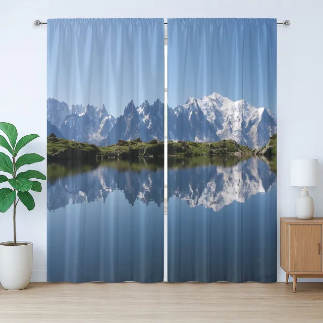 ABAKUHAUS Rustiek Meer Gordijn, Mont Blanc Alpen Frankrijk, met Bandjes, Lussen en Haken voor de Woonkamer, 280 x 245 cm, Lichtblauw Wit Groen