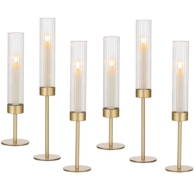 Famanu Set van 6 geribbelde glazen kaarsenhouders, gouden orkaan houders voor taps toelopende kaarsen, perfect voor bruiloft en diner decoratie