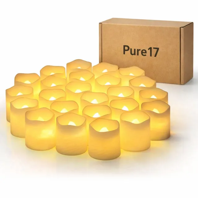 Pure17 Set van 24 Vlamloze LED Theelichtjes – Waterdicht (IP65) – Inclusief Afstandsbediening met Timer 2/4/6/8 uur – Veilig voor Binnen & Buiten – Realistisch Flikkerend Effect – Warm Wit