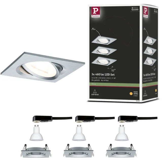 Paulmann LED-inbouwlamp Nova schwenkbar Basisset zwenkbaar hoekig 84x84 mm 50° GU10 3x6,5W 3x460lm 230V 2700K Alu gedraaid