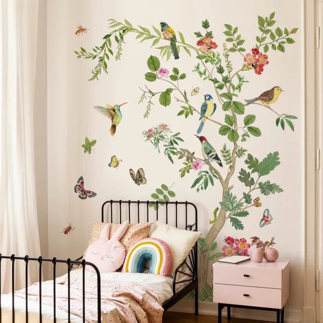 Cosensi Muursticker vintage bloemen, planten en vogels voor badkamer, woonkamer, slaapkamer - decoratie van grote boomtak - wall art stickers. Any