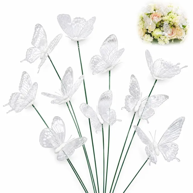 QTTVBTNA Vlinder Tuinprikkers – 10 stuks – Wit – Metalen Steel – Voor Bloempotten, Borders & Fairy Garden
