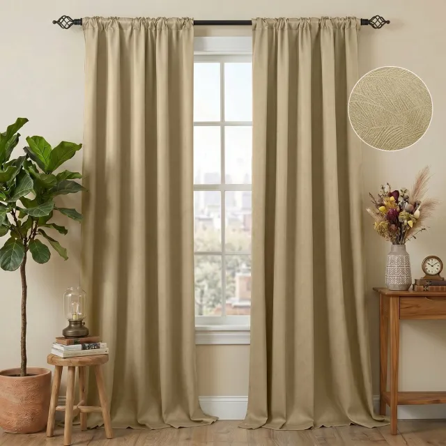 Qelus Luxury Embossed Verduisterende Gordijnen Kant-en-klaar (2-panelen) – 310GSM Dik - 85% Lichtdicht - Thermisch Isolerend Blackout Overgordijnen – voor Slaapkamer & Woonkamer - 132x274cm - Beige