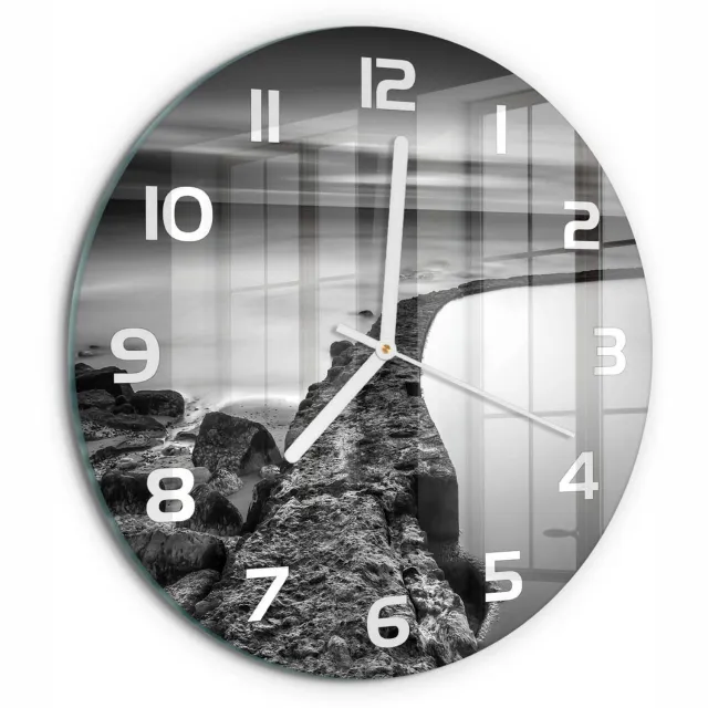 TULUP Wandklok - Rotsachtig strand Decoratieve Glazen Klok - fi30 cm - Zwart-wit Glazen Wandklok Design - Witte handen - Ronde Klok - Glazen Klok Met Print - Wandklok Glas Met Motief