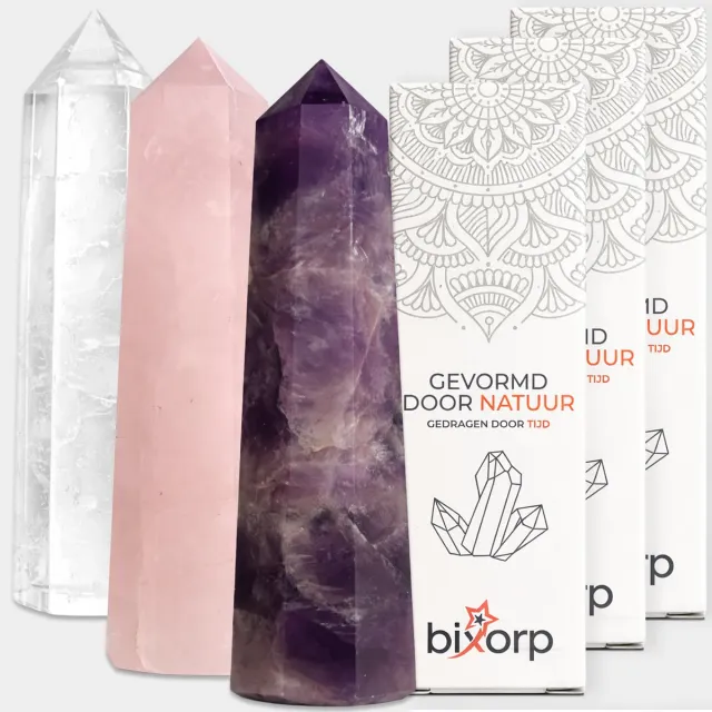 Bixorp Gems Edelsteen Punt set van Gouden Driehoek - Rozenkwarts + Amethist + Bergkristal - Edelstenen Obelisk - Decoratieve Toren van 100% Natuurlijke Edelsteen - 6 tot 8cm *Bundel: Gouden Driehoek