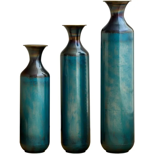 REDOM Vaas set - Handgemaakt - Handgebrande patina-afwerking - Niet waterdicht - Industriële stijl - Binnen en buiten - Metaal - Blauw en Groen Blauwgroen