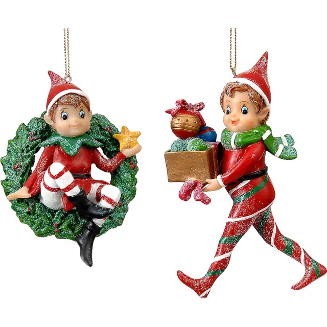 Viv! Christmas Kerstornament - Elfjes Kerstkrans en Cadeautjes - set van 2 - rood groen - 12cm