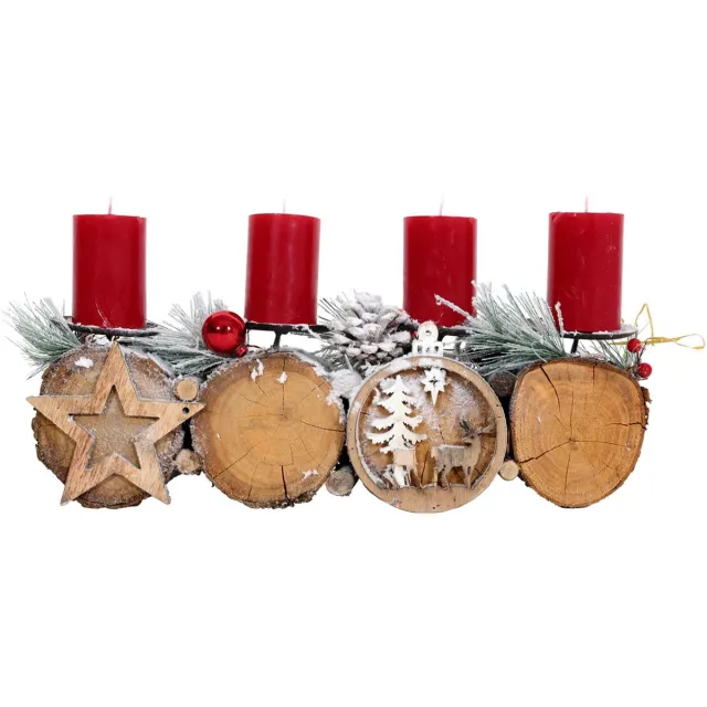 Cosmo Casa Adventsarrangement - Handgemaakt - Rustieke Charme - Populier, Metaal - 12x41x12cm met Kaarsen Rood