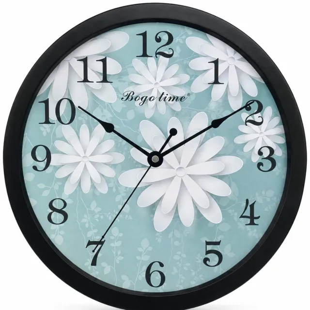 SWGOTA Ronde wandklok met stil sweep-uurwerk, zwarte rand en bloemenwijzerplaat, 29,8 x 4,2 cm