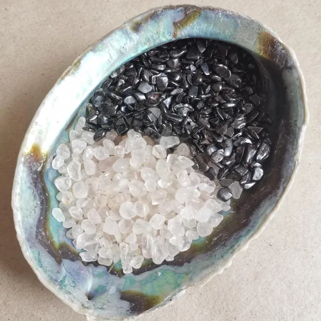 GemsByShy Reinigings / Oplaad set Edelstenen hematiet & bergkristal - Zonder schelp grijs wit