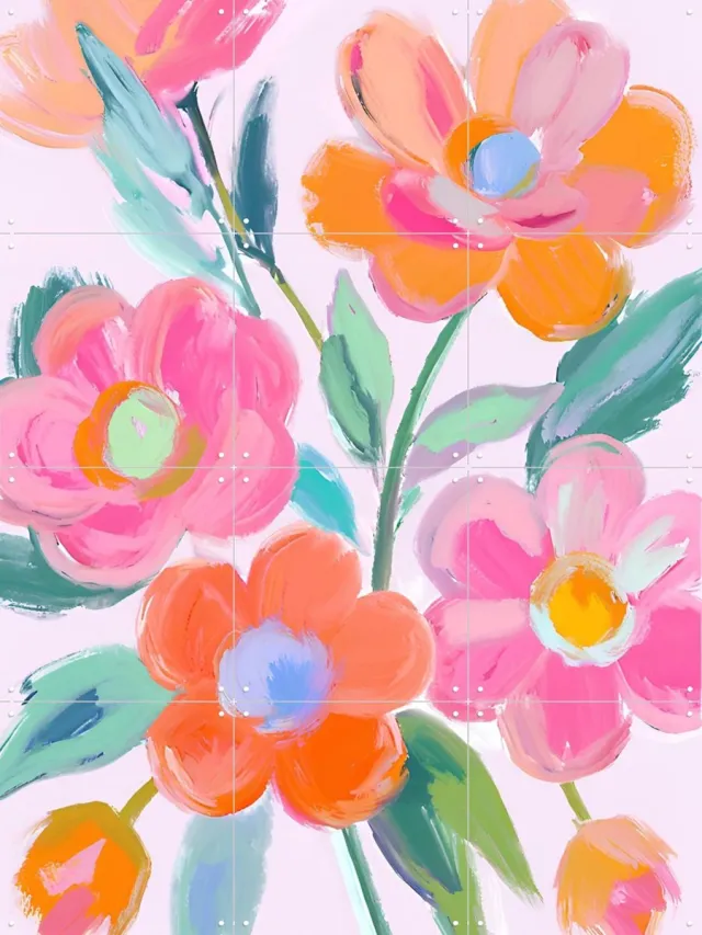 IXXI Vibrant Abstract Flowers, Ohkimiko & Various - 60 x 80 cm - Grote wanddecoratie en posters - Illustraties, Schilderijen, Abstract, Kleurrijk Roze