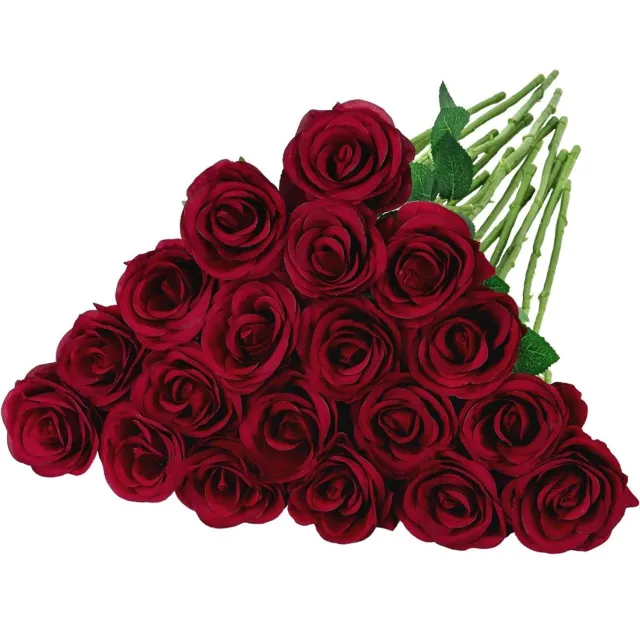 SSTRWGOOD Kunstmatige rode rozen – Set van 16 – Lange kunststof stelen met bloemen van flanelachtige stof – Kunstbloemen – Geschikt voor bruiloften, tafeldecoratie, Valentijnsdag, familiebijeenkomsten en bruidsboeketten – Bordeauxrood Bourgognerood