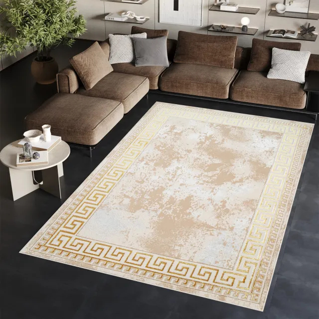 Tapiso Ares Vloerkleed Beige Frame Laagpolig Oriental Woonkamer Tapijt Maat- 250x350 Goud
