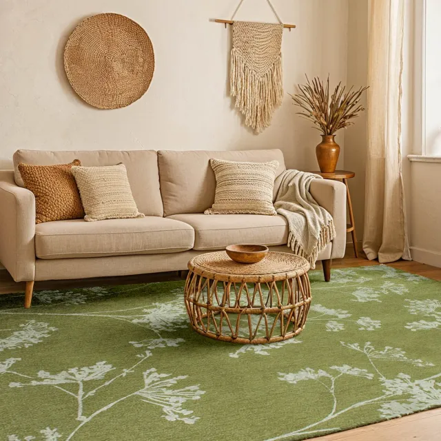 LOLA&MOI Binnen & Buiten Vloerkleed - 80 x 150 cm - Lola&Moi Parsley Blossom - Laagpolig Tapijt - Gerecycled PET - Made in Belgium - Circulair groen