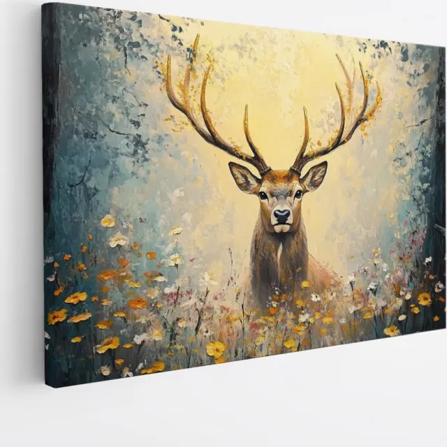 Saammp Canvas Schilderij - Abstract hert tussen de bloemen - Natuur - Dieren - 50x40 - Foto op canvas - Wanddecoratie - Muurdecoratie Woonkamer - Slaapkamer decoratie - Canvas Print Multicolor