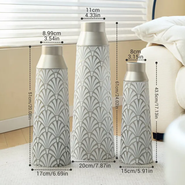 MODENUIT Vaas – 3-delige Set – 43,5/51/61 cm – Metaal – Wit/Zilver – Voor Binnen – Reliëfpatroon