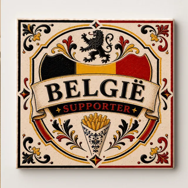 Bedruk King België Supporter Decoratieve Keramische Tegel – Belgische Voetbal Fan Wandtegel – Rood Zwart Geel Friet Souvenir Cadeau Wit