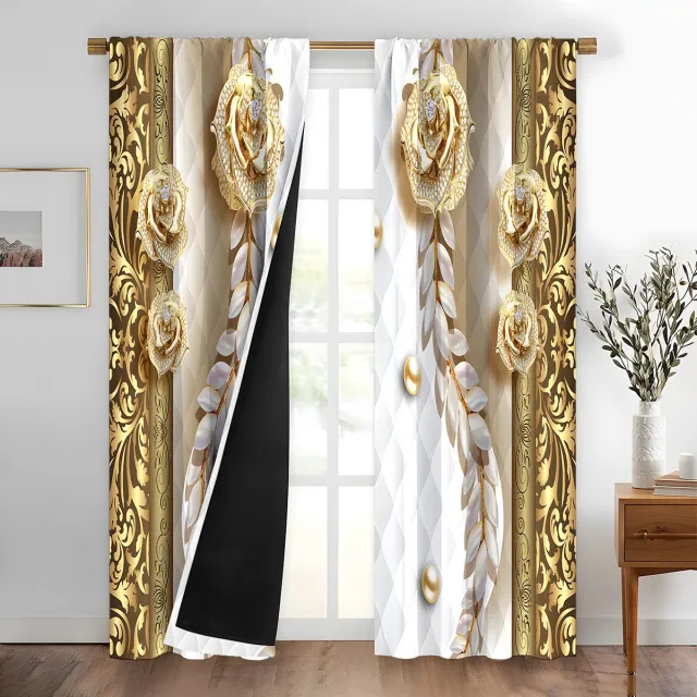 Nosheir Verduisteringsgordijn - 2 Panelen - 90x210cm - Goudmotief - Thermisch Geïsoleerd - voor Woonkamer en Slaapkamer Geel