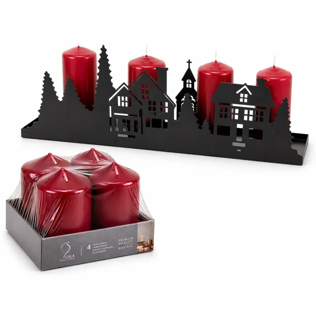 Benza Plateau Kaarsenhouder Kerst Zwart incl. 4 Bordeauxrode Stompkaarsen – Metalen Kerstdecoratie met Dorpssilhouet – 40 x 9 x 14 cm