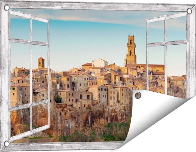 Gards Tuinposter Doorkijk Oude Stad in Toscane, Italië - 60x40 cm - Tuindoek - Tuindecoratie - Wanddecoratie buiten - Tuinschilderij Grijs