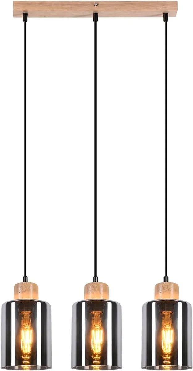 Glitzerlife Hanglampen - Retro Industriële Stijl - 3xE27 - Hoogteverstelbaar - Glas en Hout - Rookglas Kap - Ø42cm - Eetkamer Industrieel Verstelbaar - Geschikt voor Keuken Woonkamer Natuurlijk Hout