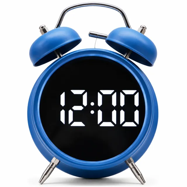 SWGOTA Blauwe digitale wekker met dubbele metalen bel, groot LED-display en twee voetjes voor op het nachtkastje