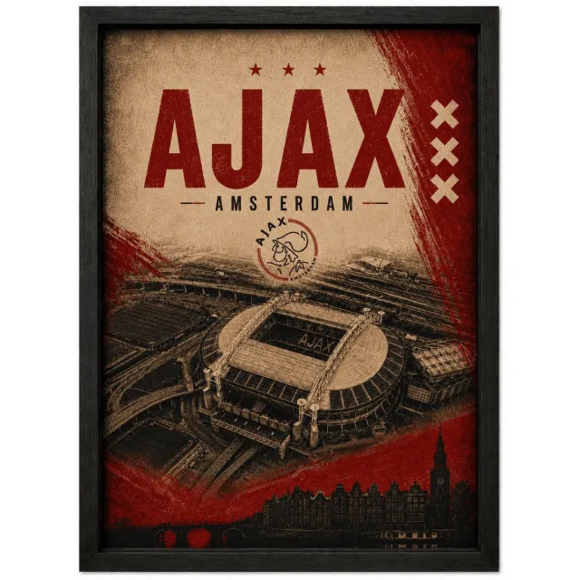 Joshimo Ajax Poster | Johan Cruijff ArenA Vintage Art Print | Amsterdam Retro Voetbal Schilderij | Inclusief Zwarte A3 Lijst