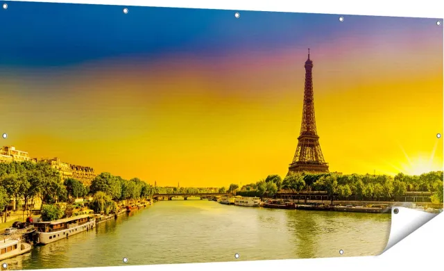 Gards Tuinposter Eiffeltoren in Parijs tijdens Zonsopgang - 180x90 cm - Tuindoek - Tuindecoratie - Wanddecoratie buiten - Tuinschilderij Multikleur