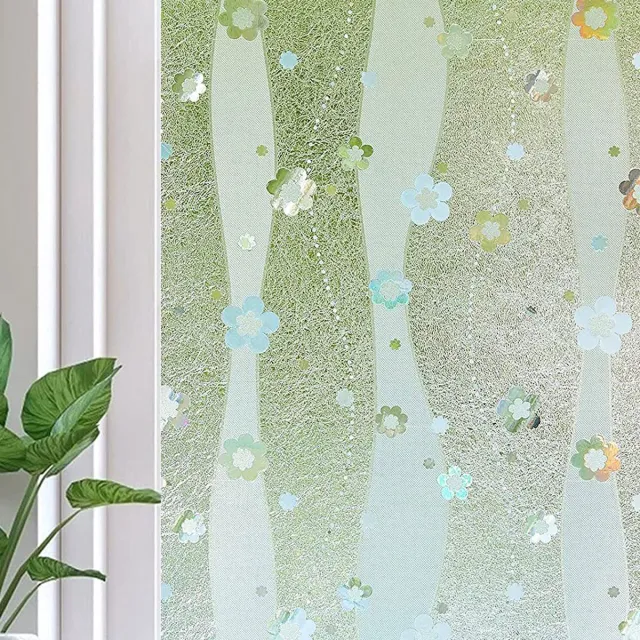 QTTVBTNA Raamfolie Zonder Lijm 45×200 cm – Antistatische Privacy Raamsticker – Lichtdoorlatend maar Niet Transparant – Waterdichte Decoratieve Glasfolie met Bloemenpatroon Blauw