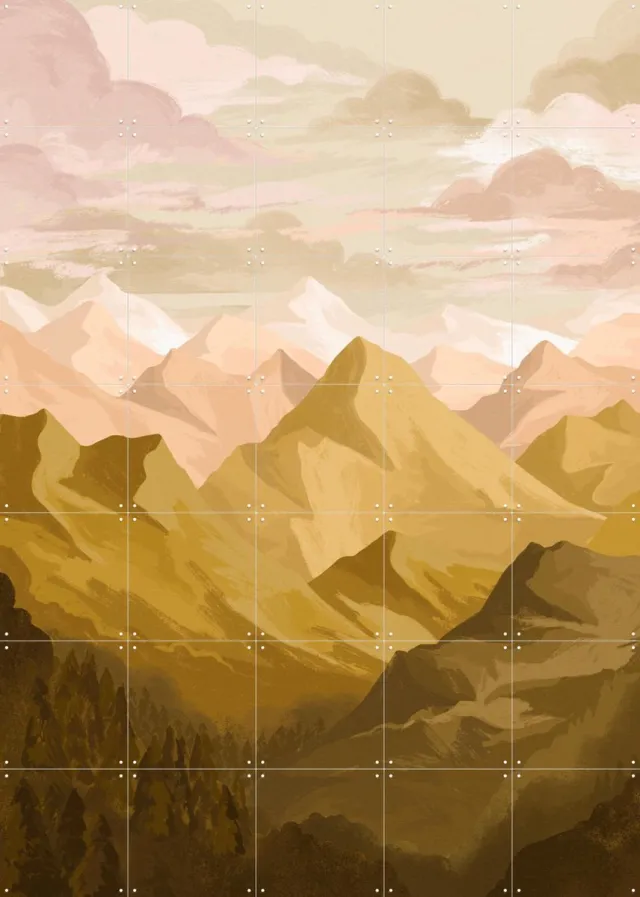IXXI Mountain View, Goed Blauw - 100 x 140 cm - Grote wanddecoratie en posters - Digitale Kunst, Illustraties, Woonkamer, Slaapkamer, Landschappen Bruin / Pastel kleuren / Rustig